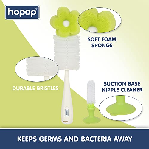 Image of Hopop Bottle Cleaner Brush | Baby Feeding Bottle Cleaning Brush & Nipple Cleaner Brush | Soft Foam Head with Durable Bristles | Easy to Clean Feeding /Water Bottle Corners | BPA Free | Green