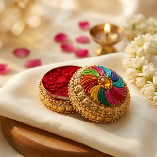 Image of Indian Dark Red Pure Kumkum Powder (Sindoor, Kumkuma, Kum Kum) For Makeup, Pooja And Other Hindu Rituals (Fancy Box 3)