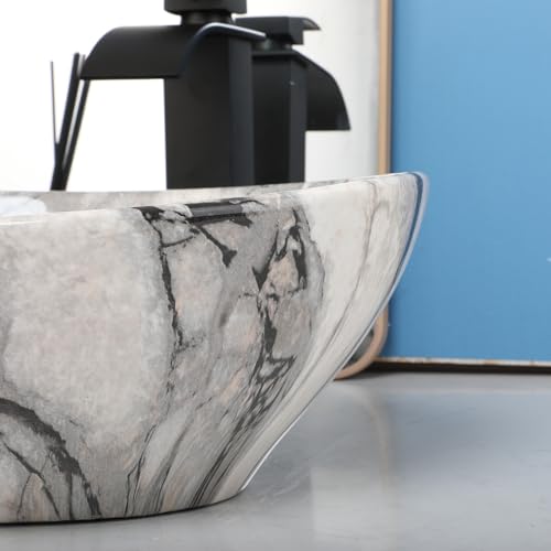 Mekkhala WX4559-8255B Bathroom Oval Vessel Sink Marbling 16 Inchx13 Inch Ceramic Vessel Sink Bowl With Faucet And Drain,Above Counter Black White Marble Coated Oval Bowl Sinks thumb #3