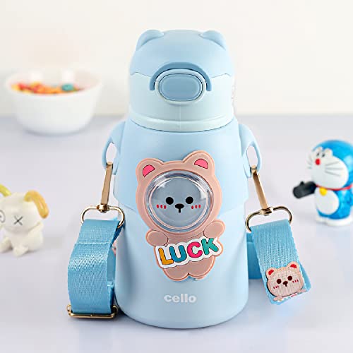Cello Funz Hot & Cold Stainless Steel Kids Flask | One Click Push Button | Wide Cap Sealed with a flip top | Double wall Vaccum Insulation Bottle | 550ml, Blue