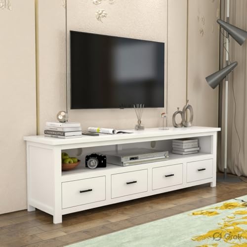 Image of Sheesham Solid Wood TV Cabinet for Living Room | Handcrafted Wooden TV Unit with Storage | Elegant Entertainment Stand for Modern Homes (4 Drawer Tv Cabinet, White)