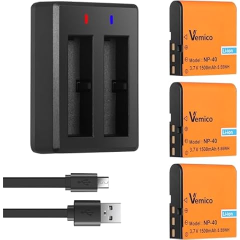 Vemico NP-40 Battery Charger Kits 3 Pack 1500mAh Camcorder Batteries Dual-Charger for Video Camera Camcorders Cas.NP-40,Kodak LB-060,GE GB-60 Cover