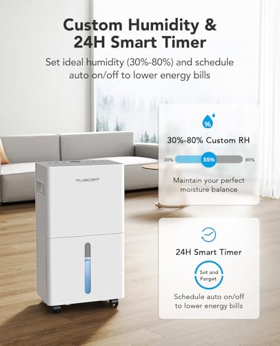 PLUSCENT 21 Pint Dehumidifier for Basement and Home, 1500 Sq Ft Portable Dehumidifier with Drain Hose, Quiet Smart Humidity Control for RV, Bedroom & Bathroom, Auto Defrost, 24H Timer - Image 5