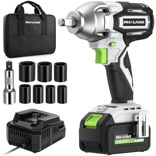 PHALANX Cordless Impact Wrench, 20V Brushless Electric Impact Wrench 1/2 Inch, 580Ft-lbs(800N.m) High Torque Power Impact Driver Tool with 4.0Ah Battery, LED Work Light, Fast Charger & 7 Sockets