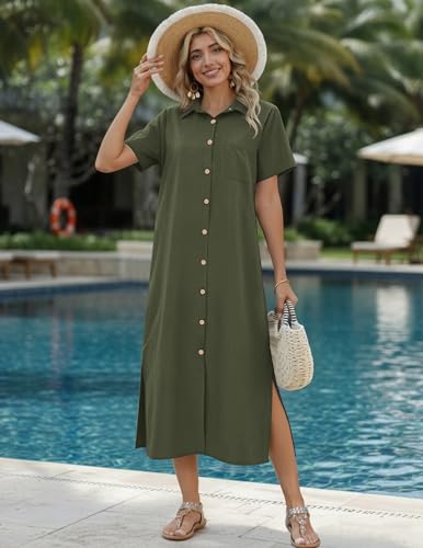Image of HOTOUCH Womens Dress Summer Casual Midi Short Sleeve Button Down Shirt Dresses Loose Beach Cover Up with Pockets
