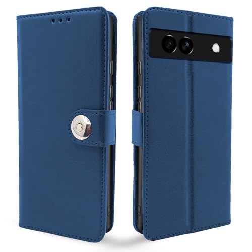 Image of Pikkme Google Pixel 7A Flip Cover Leather Finish | Inside TPU with Card Pockets | Wallet Stand and Shock Proof | Complete Protection Button Flip Case (Blue)