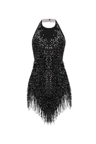 FANCISSORS Rhinestones Fringe Skirt Bodysuit Women's Birthday Party Evening Costume Nightclub Dance Wear New Colored (black, 2-6)