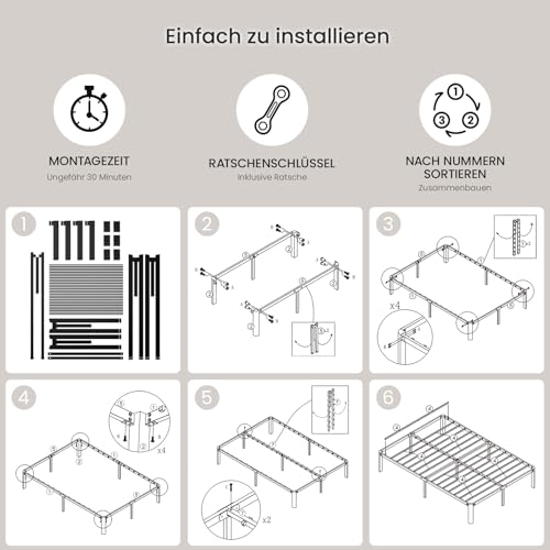 KUTAS Bett, Bettgestell 140 x 190 cm, Höhe 36 cm, mit Stauraum unter dem Bett, 14 Reihen Metalllamellen, Einfach zu Montieren, Geräuschlos, Kein Boxspringbett erforderlich, Modern, Schwarz – Bild 7