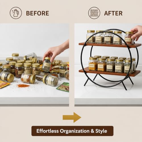Image of 2 Tier Spice Rack Organizer for Kitchen Countertop - Metal & Wooden Masala Stand Condiments, Seasonings Multipurpose Storage Rack for Home & Kitchen Decor (Black Brown)