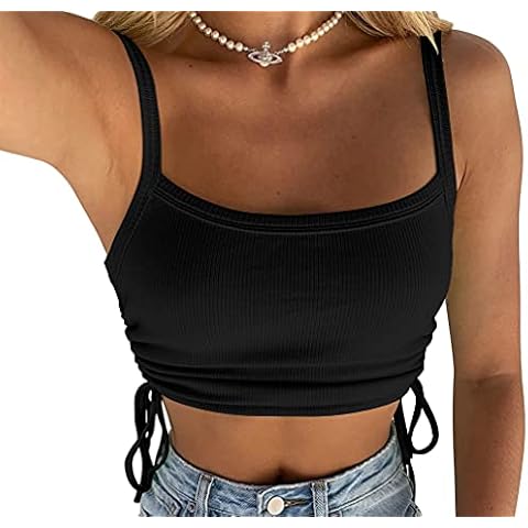 DAAWENXI Women's Sexy Sleeveless Adjustable Drawstring Tank Cami Crop Top - black - Medium Cover
