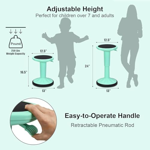 Image of GLACER Wobble Stool, Wiggle Stool for Classroom Seating, 24 inch Active Learning Stool w /Adjustable Height, Sitting Balance Chair for School, Office Stand Up, Flexible Seating Wobble Chair (Green)