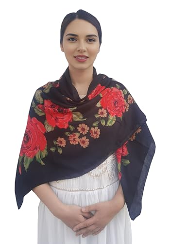 FANFAN Floral Print Square Scarf Shawl for Women Rose Mexican Shawl Russian Style Shawl Ethnic Wrap Evening Dress Party D8
