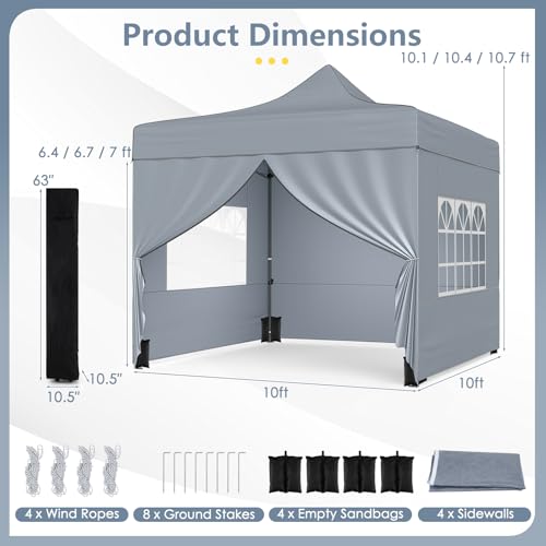 Image of Tangkula 10x10 FT Pop Up Canopy, Outdoor Tent with 4 Removable Sidewalls, Carbon Steel Frame, 4 Sandbags, 8 Stake & 4 Ropes, Wheeled Bag, Portable Canopy Tent for Party Event Camping (Gray)