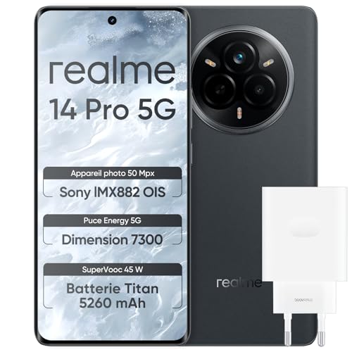Smartphone realme 14 Pro 5G 8Go 256Go Gris avec écran 120Hz et Dimensity 7300