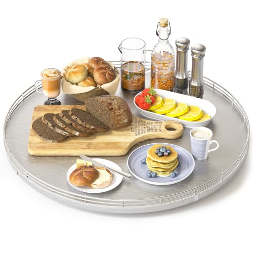 Image of Oroyutor 18-Inch Oak Lazy Susan Organizer with Silver Iron Rail | Oak wood base, silver iron rail and smooth 360-degree rotation for dining tables, kitchen counters and spice storage.
