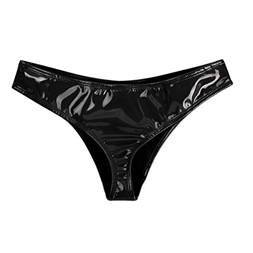 Agoky Women's Shiny Metallic PVC Leather Low Rise Bikini Briefs Underwear Bottoms Underpants Clubwear Black Small