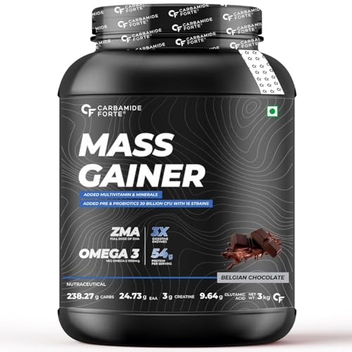 Carbamide Forte Whey Mass Gainer with 54g Protein, 250g Carbs, Multivitamin, ZMA & Creatine 3g - Belgian Chocolate Flavour Weight Gainer - 3000 Grams, 9 Servings