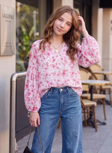 Image of blibean Girls Flower Bell Long Sleeve Blouse Fall Floral Shirts 4-15 Years
