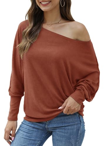 Image of Aifer Women's Off The Shoulder Tops Sexy Long Sleeve Shirts Oversized Fashion Casual Batwing Sweaters Pullover Tunic Tops