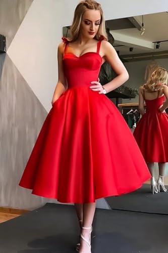 CWOAPO Satin Tea Length Homecoming Dresses for Teen Spaghetti Strap Short A Line Prom Cocktail Dress with Pockets3