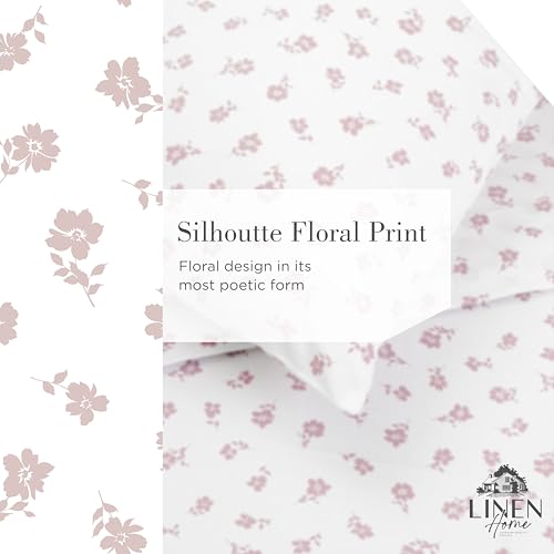 Image of Linen Home 100% Cotton Printed Percale Sheet Set King Size, 4 Piece Deep Pocket Floral Bedding, Crisp Cool & Breathable, Fade-Resistant Design, Hotel Luxury, Long-Staple Cotton, Mauve Silhouette