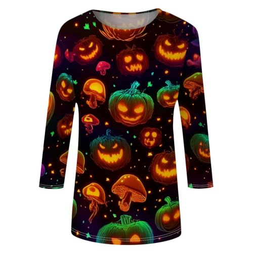 Image of Women Spooky Halloween Graphic Shirt 3 /4 Length Sleeve Crewneck Top | Halloween Funny Printed Pumpkin Plus Size Tshirts 2026 Fall Outfits Skeleton Tee Going Out Tops