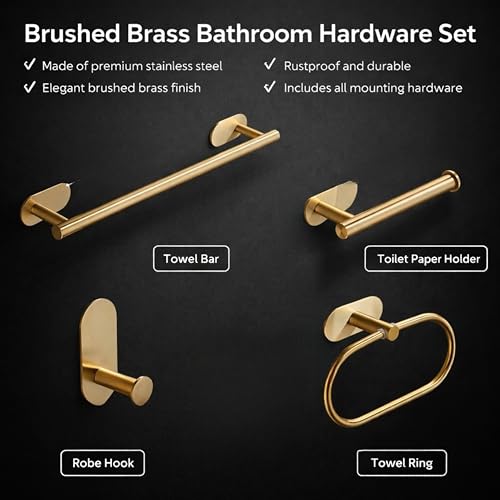 Image of JIALTO Bathroom Towel Holder | 4 Pcs Wall Mounted Bathroom Clothes Hanger with Adhesive Hooks | Towel Rod | Tissue Paper Holder | Bathroom Fittings Rod & Towel Stand (Gold, 4 - Pieces Set)