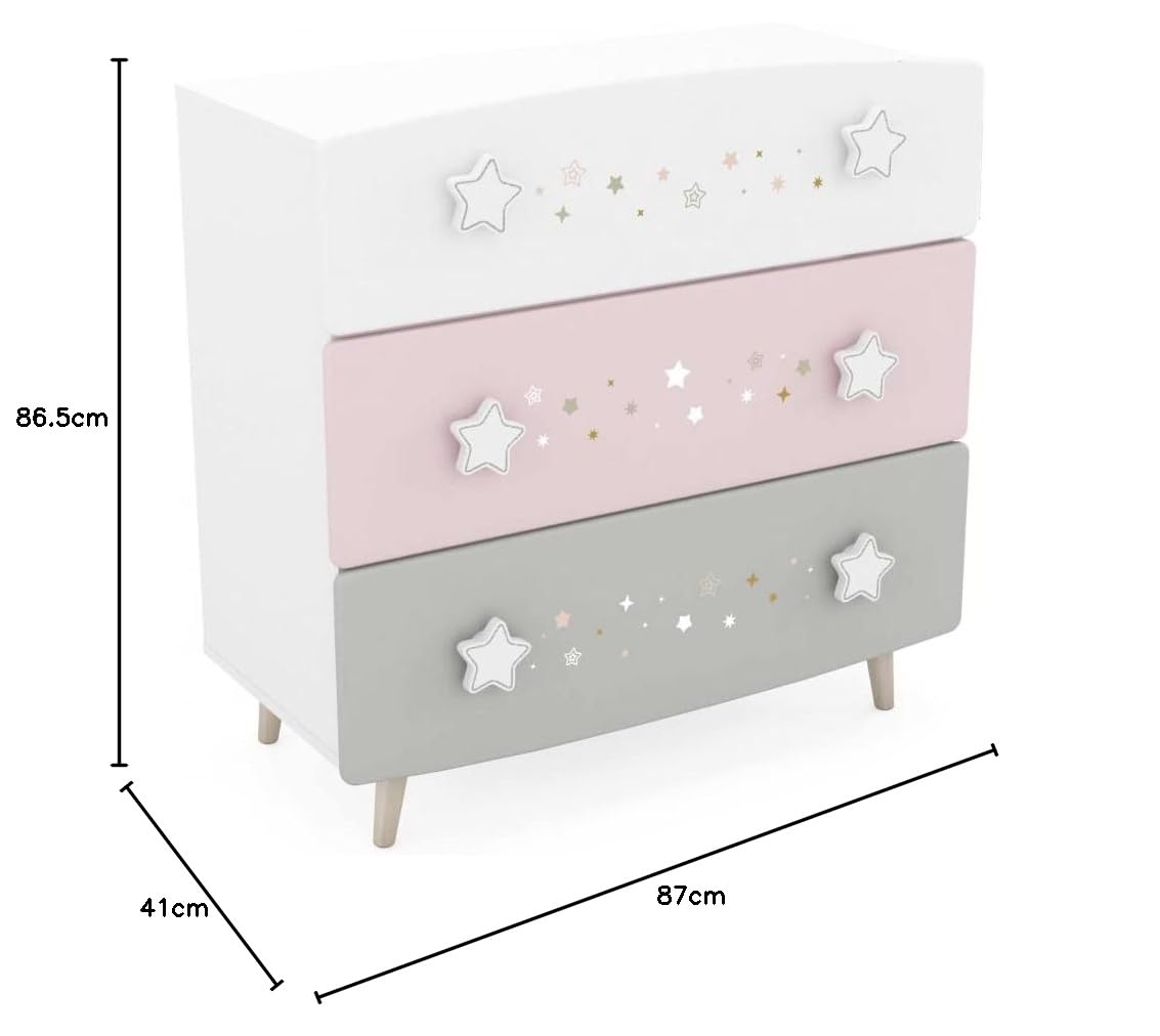 Befara CÓMODA Infantil Cosmos, Blanco Mate/Gris/Rosa, 87 x 41 x 86,5 cm, Comoda Infantil Rosa Gris
