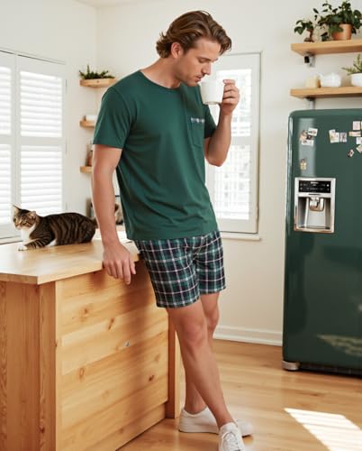 Sykooria Mens Pajamas Set Cotton Pajamas Shorts Set Short Sleeve Pjs Sets Soft Sleepwear S-XXL3