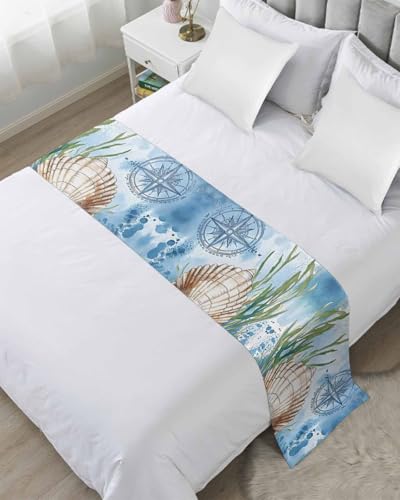DecorLovee Coastal Nautical Bed Runners for Twin Size Bed, Decorative Bed Throws for Foot of Bed, Summer Ocean Shell Seaweed Bed Runner Sofa Throw Bedding Scarf Protector Slipcover for Bedroom/Hotel