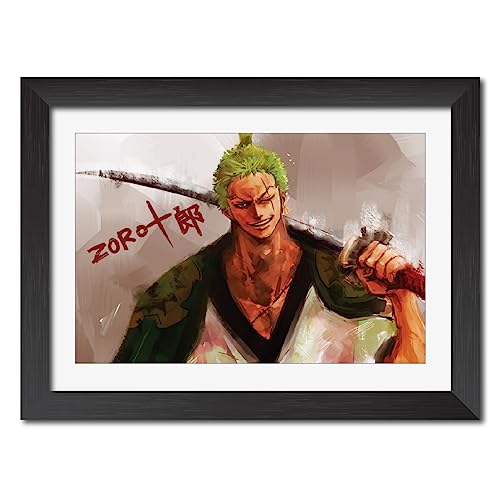 Image of TenorArts Roronoa Zoro Poster One Piece Anime Posters Laminated Photo Frame Painting with Matt Finish Black Textures (12inches x 9inches)