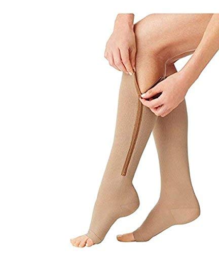 (2 pairs) Compression Socks Zipper Socks with Open Toe Best Support Zipper Stocking (Deep Beige, XXL)