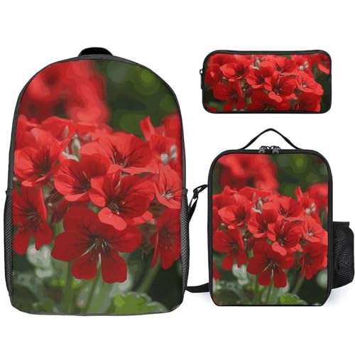 3 Piece Backpack for Women Men Lightweight Causal Daypack Shoulder Bag Set with Insulated Lunch Bag And Pencil Case Organizers Red Geraniums