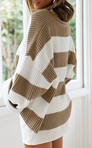 Zesica ZESWEATER14-LIGHTKHAKI-L Women'S 2024 Fall Long Sleeve Crew Neck Striped Color Block Comfy Loose Oversized Knitted Pullover Sweater,Lightkhaki,Large thumb #2