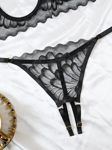 Image of Lilosy Sexy Underwire Floral Lace Sheer Lingerie Set for Women See Through Bra and Panty 2 Piece