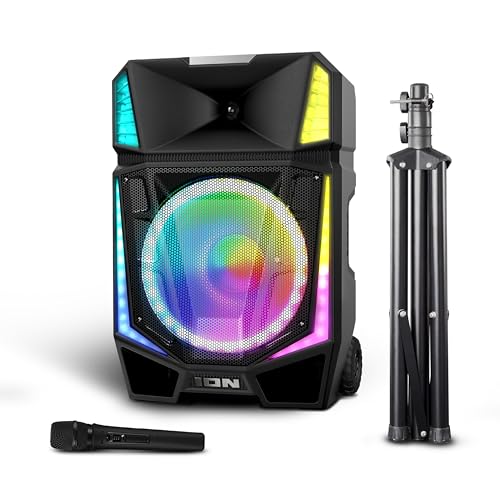 ION Audio Total PA Quake 15-Inch Portable Bluetooth Party Speaker with Wireless Microphone and Stand Party Lights Multi-Channel Mixer USB Playback App