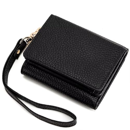 Small Wristlet Wallet for Women RFID Blocking Leather Card Case Elegant Tri-Fold Coin Purse with Removable Wrist Strap, Black, One Size