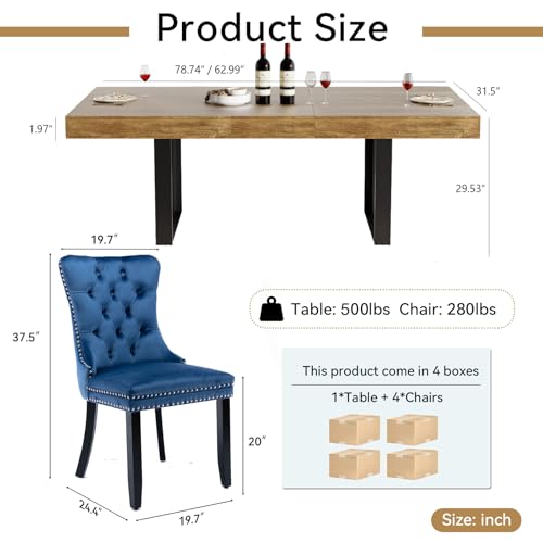 Image of Brown Dining Room Table Set for 4, 5-Piece 63 inch-78.74 inch Extendable Dining Table Set with 4 Upholstered Chairs, Rectangle Wooden Expanding Kitchen Table and Blue Chairs Set