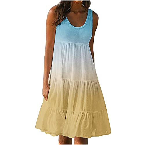 Vestidos de Verano Mujer 2024,Sin Manga Vestido Camisola Mujer Moda Cuello en Redondo Vestido Midi Informal Longitud de Rodilla Vestido Playa Mujer Relajado Vestido Mujer en Multicolor