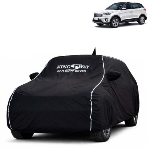 Image of KINGSWAY Super Waterproof Car Cover Only with Hyundai Creta (Year 2015 to 2017 - All Model) | Mirror and Antenna Pockets | All Weather Car Body Cover with Silver Piping | Black