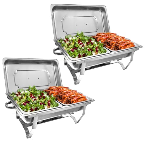 Jacgood Chafing Dish Buffet Set, 2 Pack 8QT Buffet Servers and Warmers, Chafing Servers with Covers, Half Size Food Pan, Chafer, Folding Stand, Food Warmer for Parties