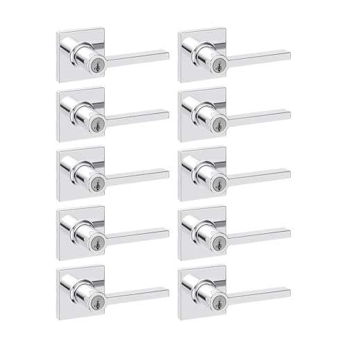 Image of Kwikset Casey Entry Door Handle with Lock and Key, Secure Keyed Reversible Lever Exterior, for Front Entrance and Bedrooms, Polished Chrome, 10 Pack, Pick Resistant SmartKey Rekey Security