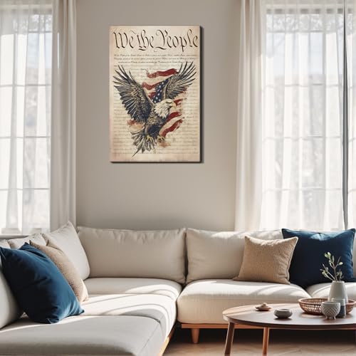 Image of Framed We The People Bald Eagle Wall Art, Patriotic US Constitution Canvas Art Pictures, American Flag Wall Decor, Made in USA Ready to Hang for Office Living Room