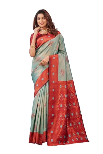 Image of Women's Banarasi Silk Saree with Rich Pallu, Jacquard Zari Weaving Work & Unstitched Blouse Piece, Traditional Ethnic for Wedding, Party & Festive Occasion