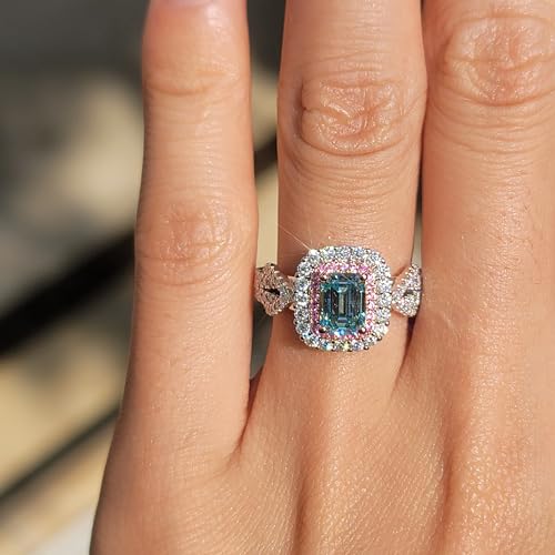DovEggs Moissanite Engagement Rings for Women 1ct 5x7mm Elongated Emerald Cut Moissanite Peacock Blue Lab Grown Double Halo Split Shank Engagement Ring Moissanite&Sapphire Sterling Silver2