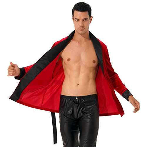 Men's Long Sleeve Velvet Kimono Bathrobe Shawl with Belt Christmas Night Robe Smoking Jacket3