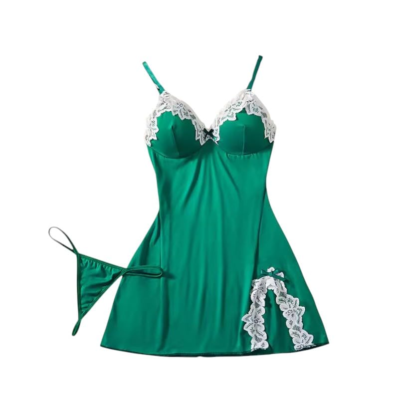 galsmaky Women’s Nightwear Slip Dress | Soft Malai Lycra Lace Trim Sleepwear Set with Matching Thong | Elegant & Comfortable Nightdress | Smooth Lingerie Night Slip for Ladies (Fits 28–36 Inch) Green-picture-14