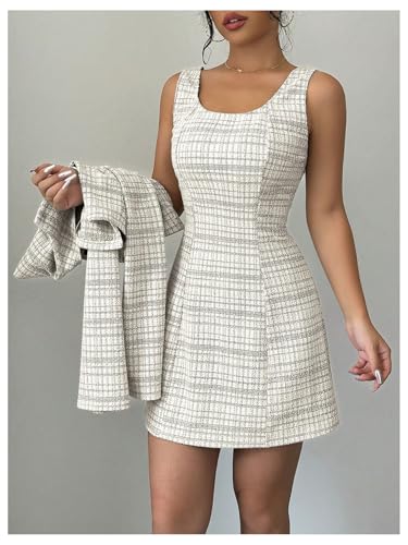 Image of SOLY HUX Women's 2 Piece Outfits Plaid Long Sleeve Button Down Cropped Jacket and Sleeveless Mini Dress Sets