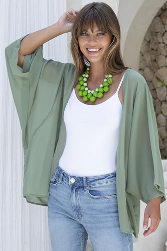 Image of Back From Bali Womens Sheer Green Kimono Cardigan Short Open Front Sleeve Chiffon Duster