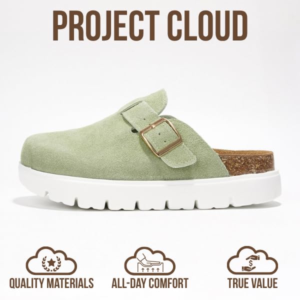 Project Cloud Genuine Leather Platform Clogs for Women Footwear - Memory Foam Arch Support Cork Footbed Casual Shoes & Mules for Women 2025 (Benton Chunky)